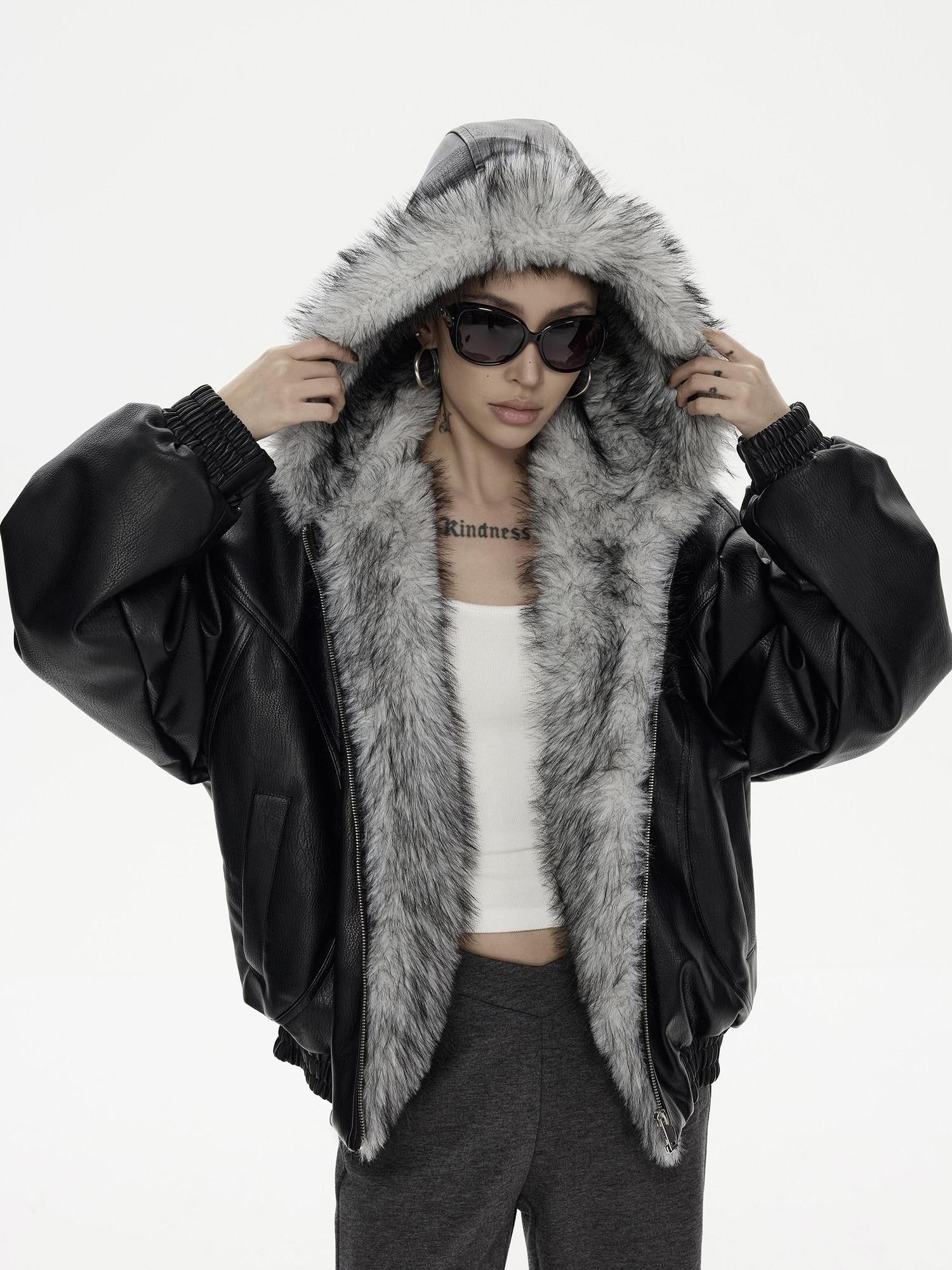 ZERO Pu Leather Hooded Zipper Thick Oversized Street Youth Black Leather Jackets
