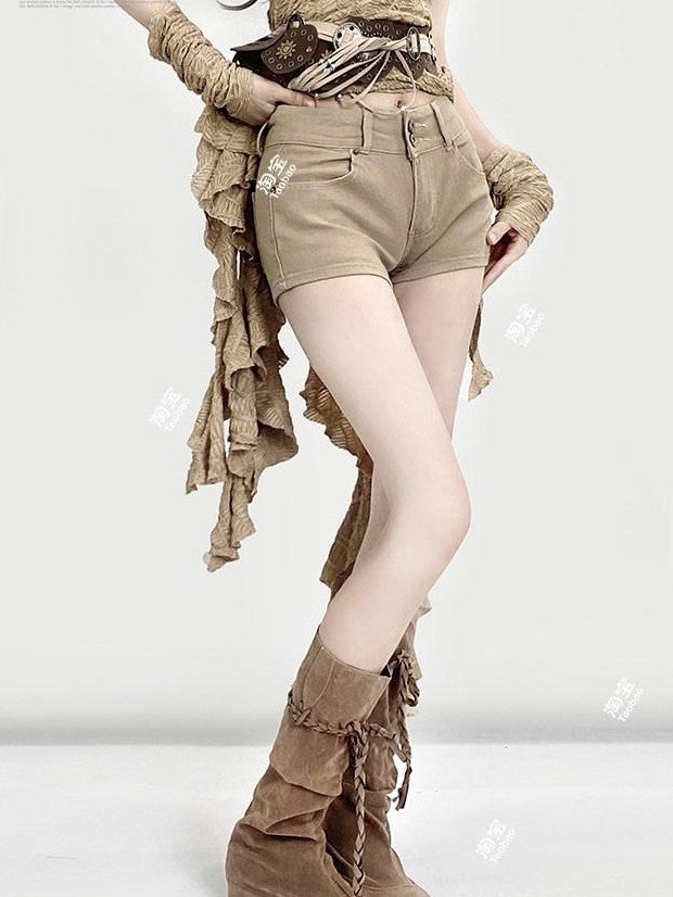 REDDACHIC Khaki Wasteland Fitted Ruffle Tassel Asymmetrical Women'S Strapless Maxi Dresses