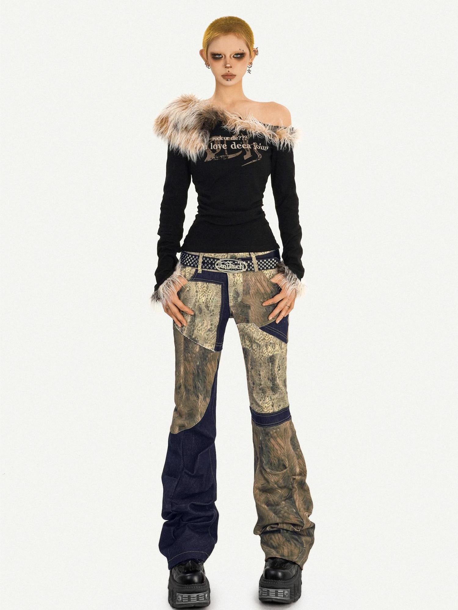Nico Molly Vintage Slim Fit Asymmetric Neckline Patchwork Women Long Sleeve T-Shirts