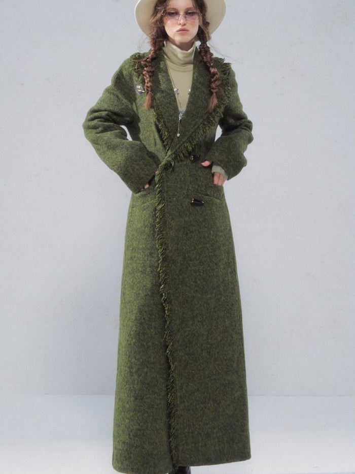 OfAkiva Vintage Slim Wool V-neck Drop Shoulder Single Breasted Women Long Coats
