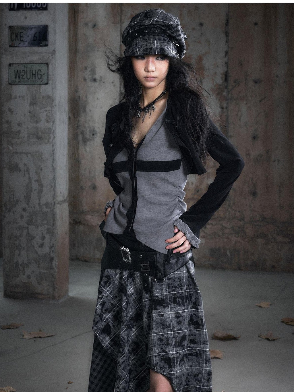 Cest Nous Slim Hooded Patchwork Knit Punk Long Sleeve Open Front Women Black Gray Blouses