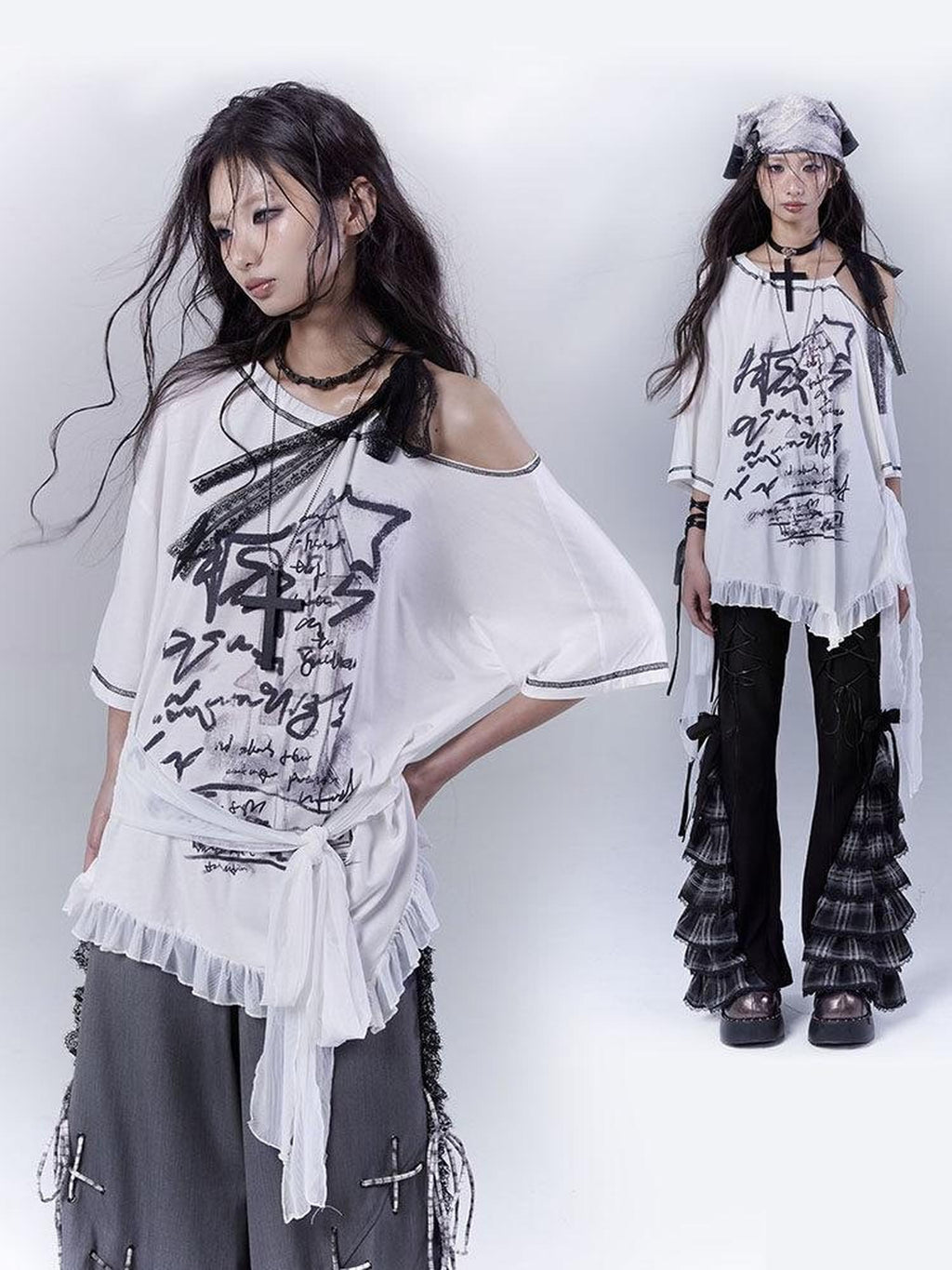WSW Cotton Rich Print Street Loose Drop Shoulder Unisex White Short Sleeve T-Shirts