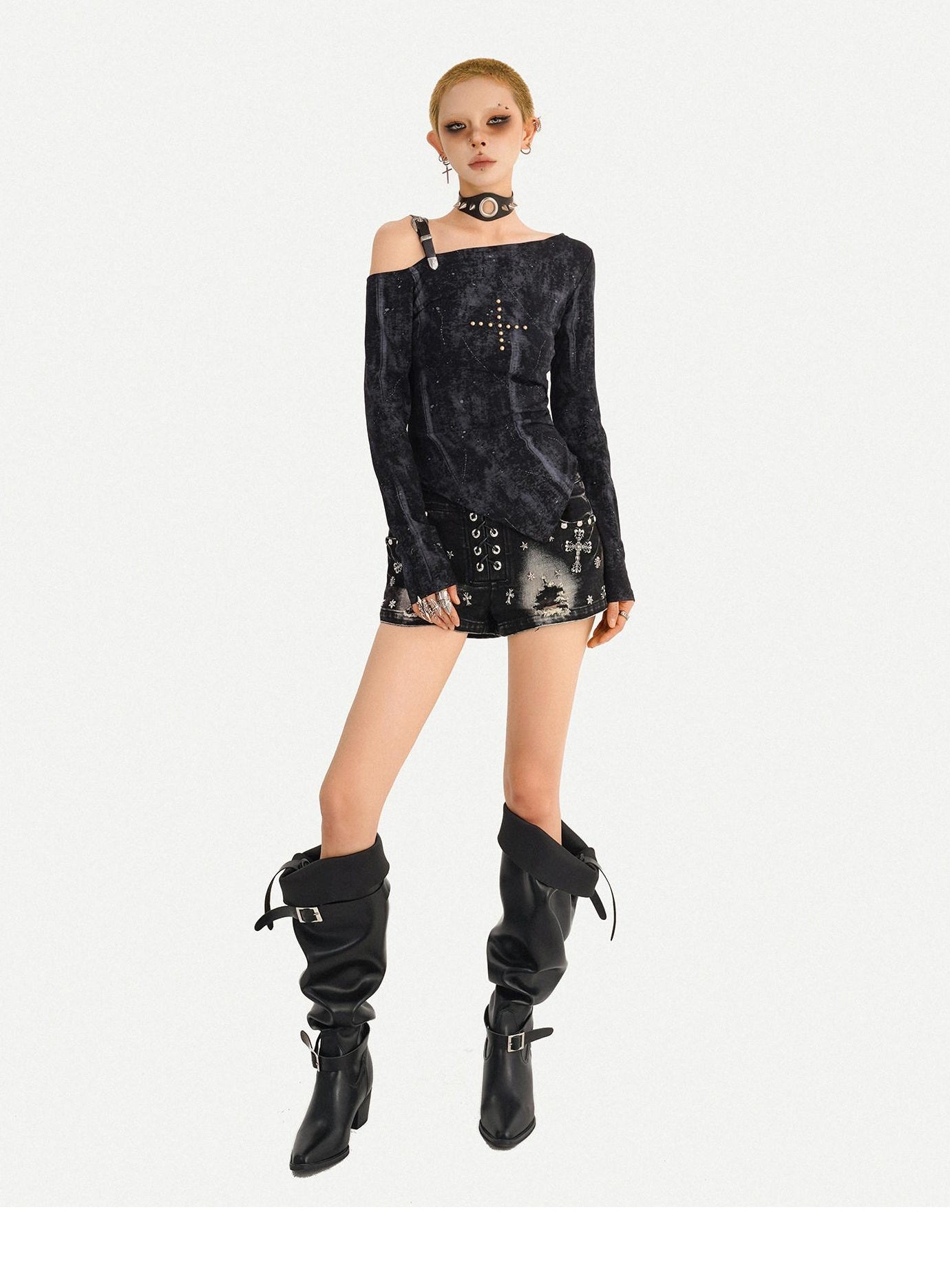 Nico Molly Vintage Wash Slim Fit One Shoulder Street Asymmetric Long Sleeve T-Shirts