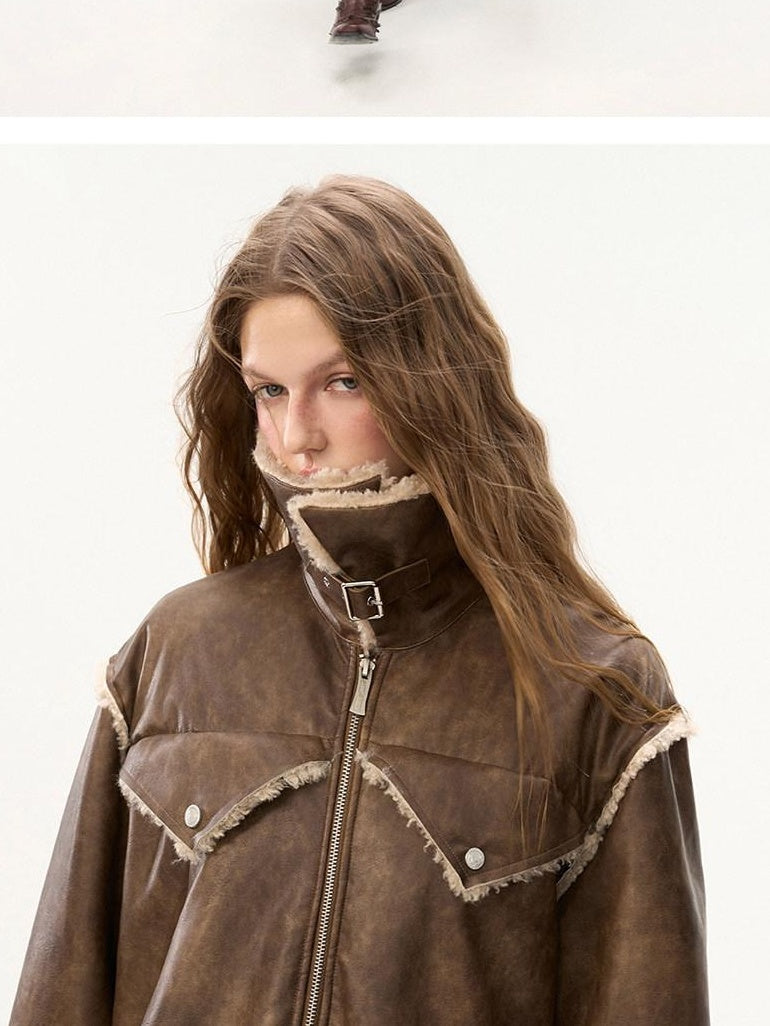 MAMC Soft Brown Panelled Lapel Collar Zip Front Loose Fit Office Leather Jackets