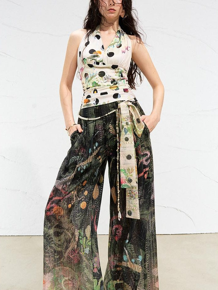 OfAkiva High Waist Cutout Casual Loose Pockets Zip Fly Women Forest Green Wide Leg Pants