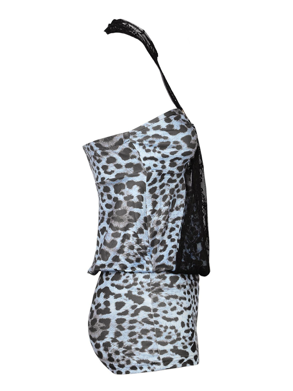 JYOSEI Blue Leopard Panel Halter Neck Fitted Waist Euro Chic Casual Women Mini Dresses