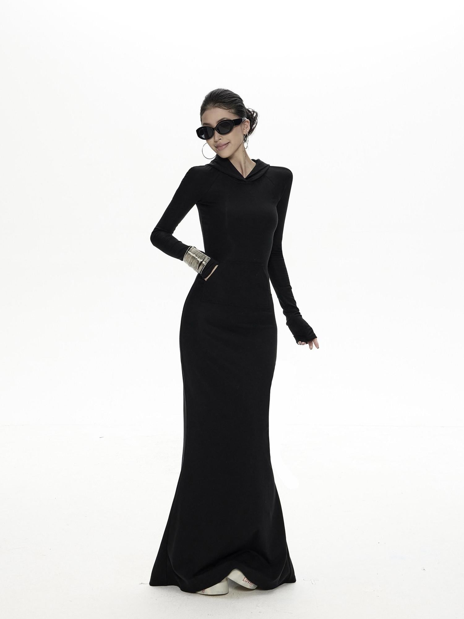 ZERO Soft High Stretch Sexy Hooded Slim H Knit Lyocell Maxi Dresses