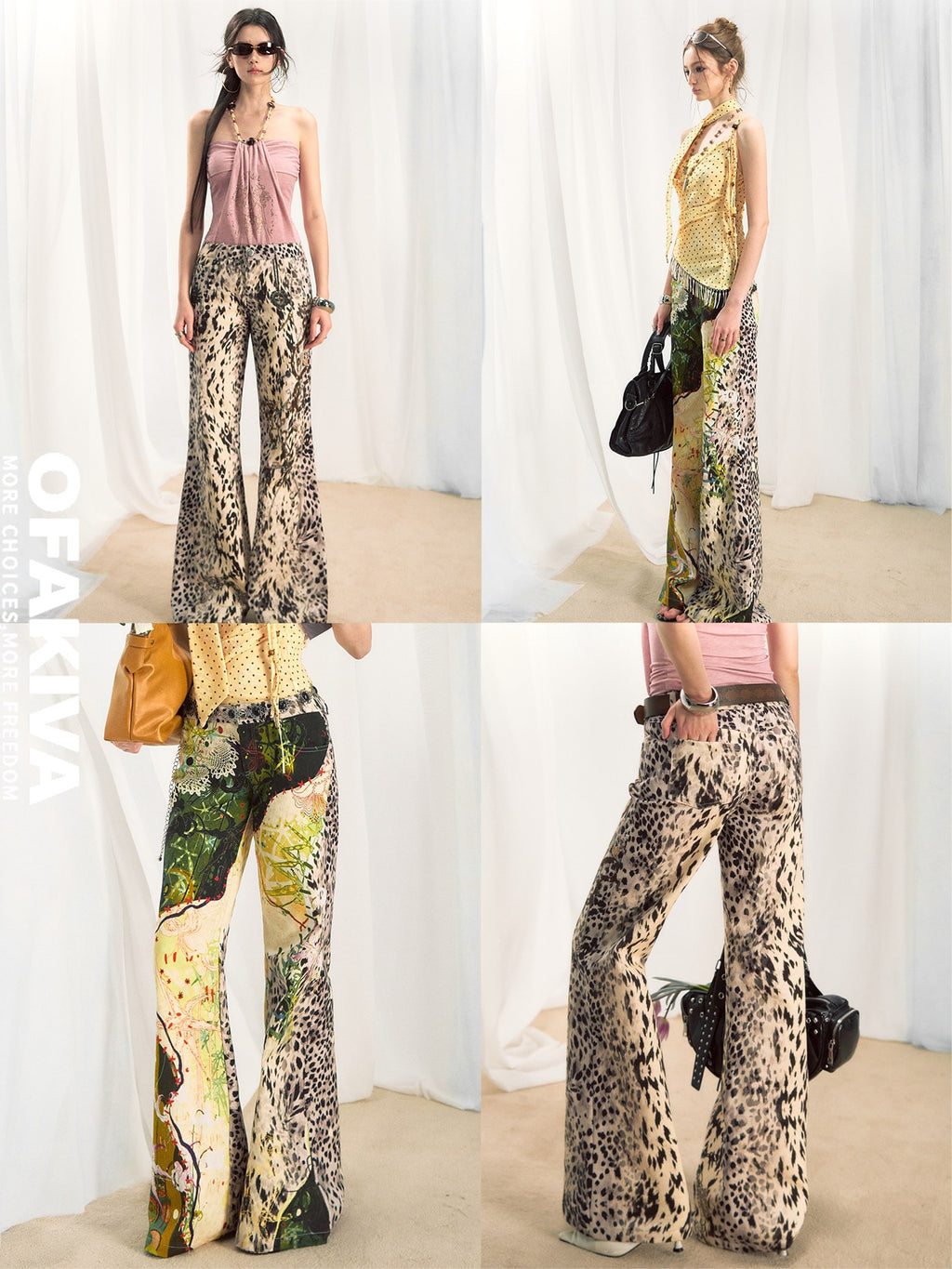 OfAkiva Leopard Print Low Waist Slim Fit Casual Women Zipper Flared Pants