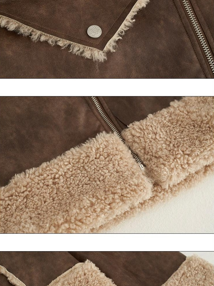 MAMC Soft Brown Panelled Lapel Collar Zip Front Loose Fit Office Leather Jackets