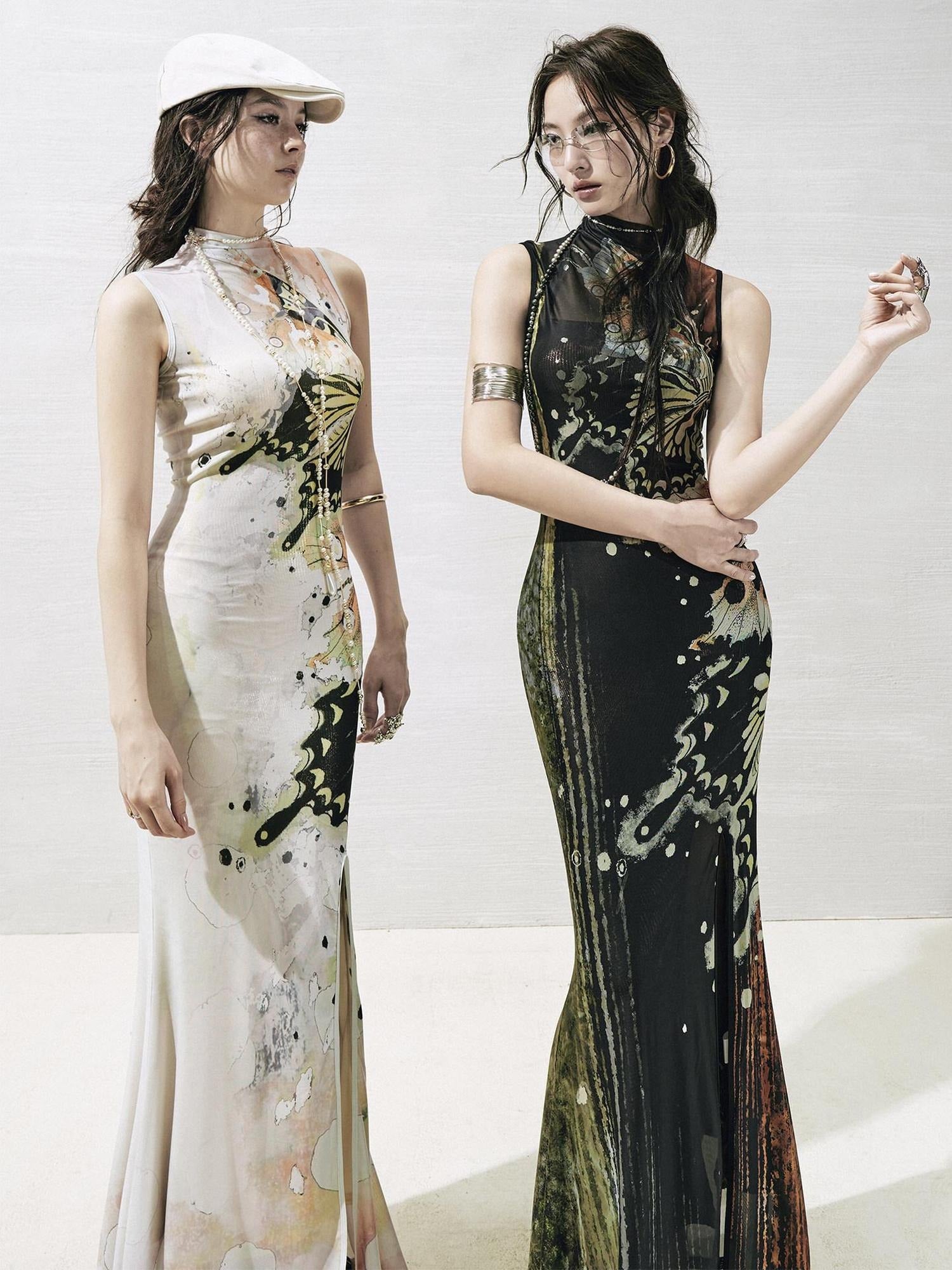 OfAkiva High Waist Sleeveless Printed A Line Hanfu Inspired Women Maxi Dresses