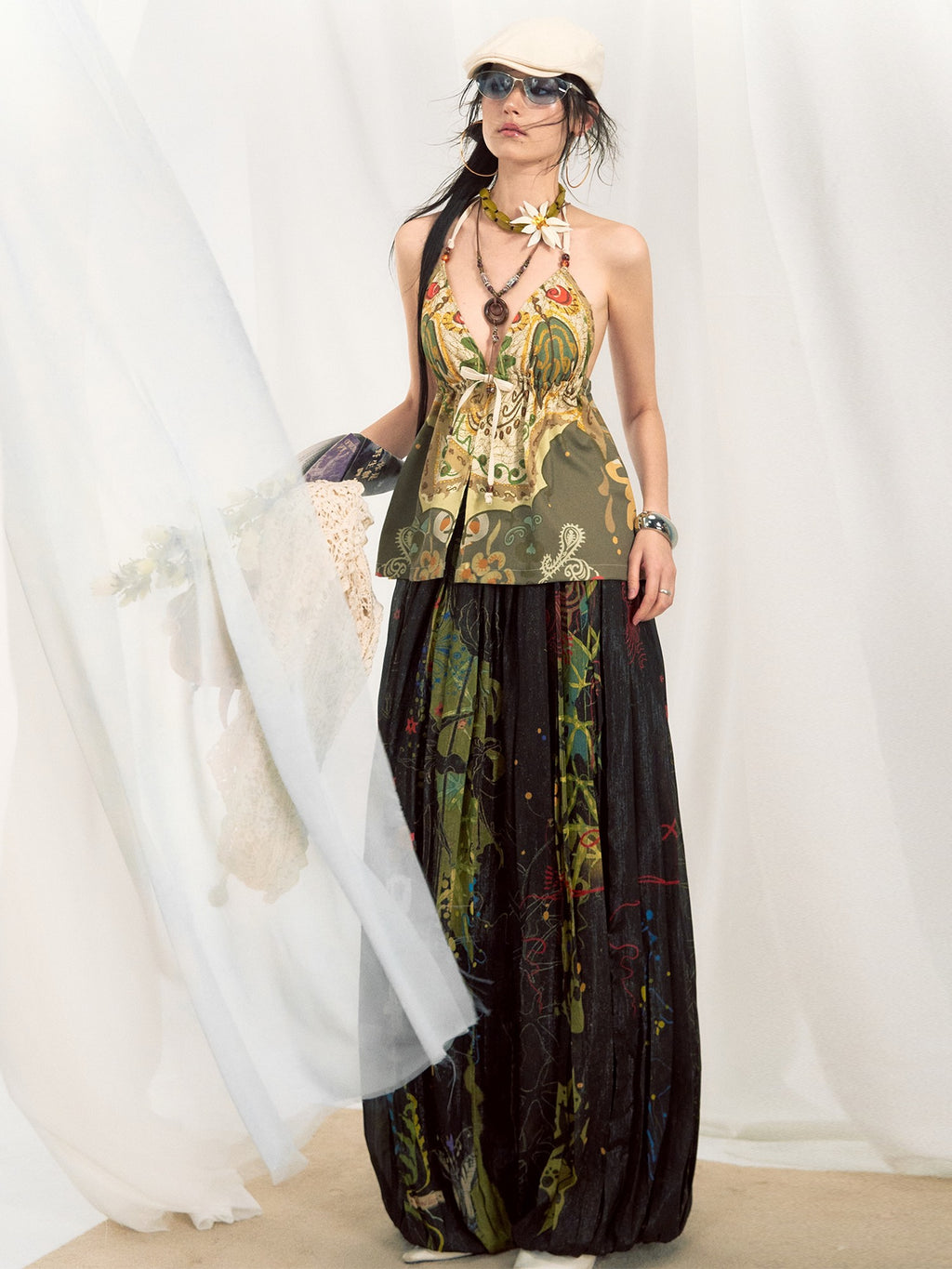 OfAkiva Dark Gothic Floral Embroidered Lantern Natural Waist Casual Women Wide Leg Pants