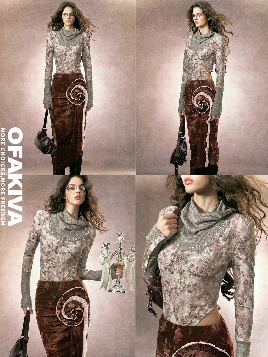 OfAkiva Soft Knit Collared Slim Fit Long Sleeve Women Grey Pink Top & Skirt Sets
