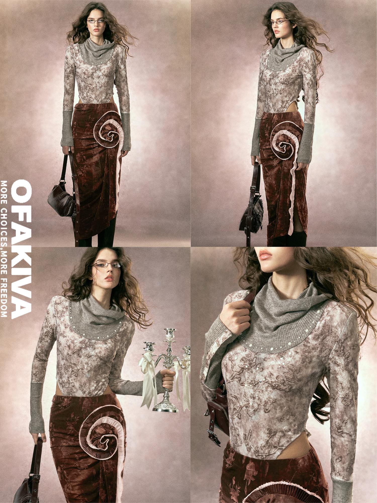 OfAkiva Soft Knit Collared Slim Fit Long Sleeve Women Grey Pink Top & Skirt Sets