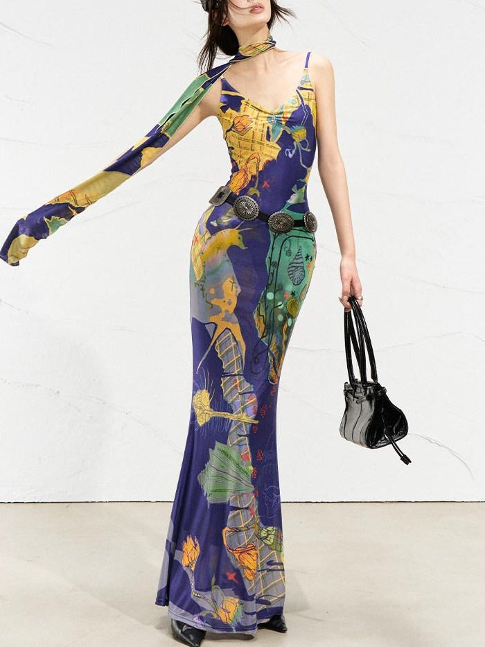 OfAkiva Sexy High Waist Square Neck Strappy Printed Stretch Polyester Maxi Dresses