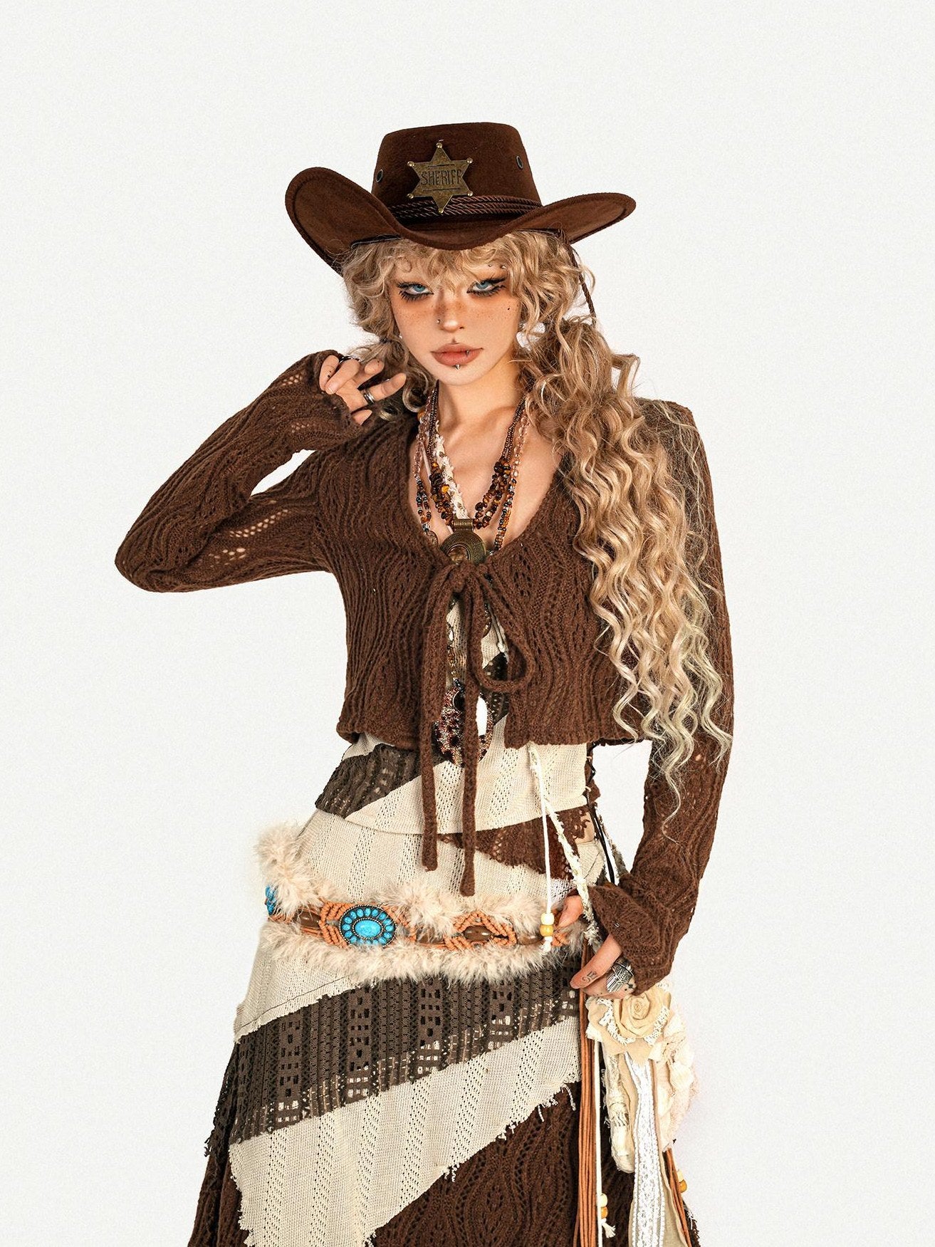 Nico Molly Fringed Knit Slim Fit Vintage Beige High Waist Casual Youth Top & Skirt Sets