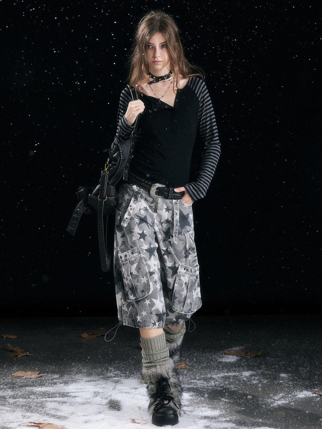 Cest Nous Distressed Grey Camo Cotton Tapered Button Fly Pockets Women Cargopants
