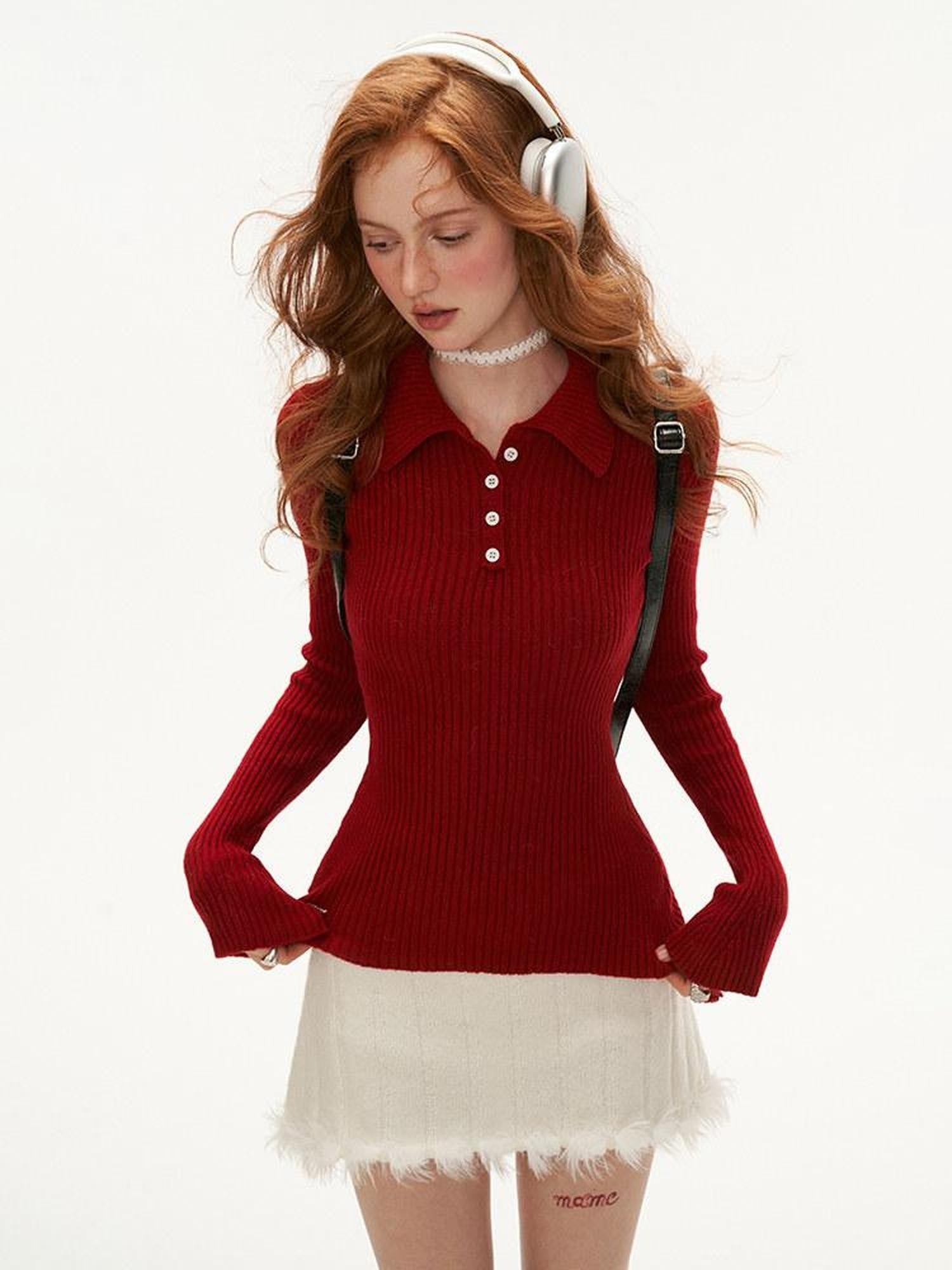 MAMC Minimalist Office Slim Fit Polo Collar Button Long Sleeve Women Purple Knitwear