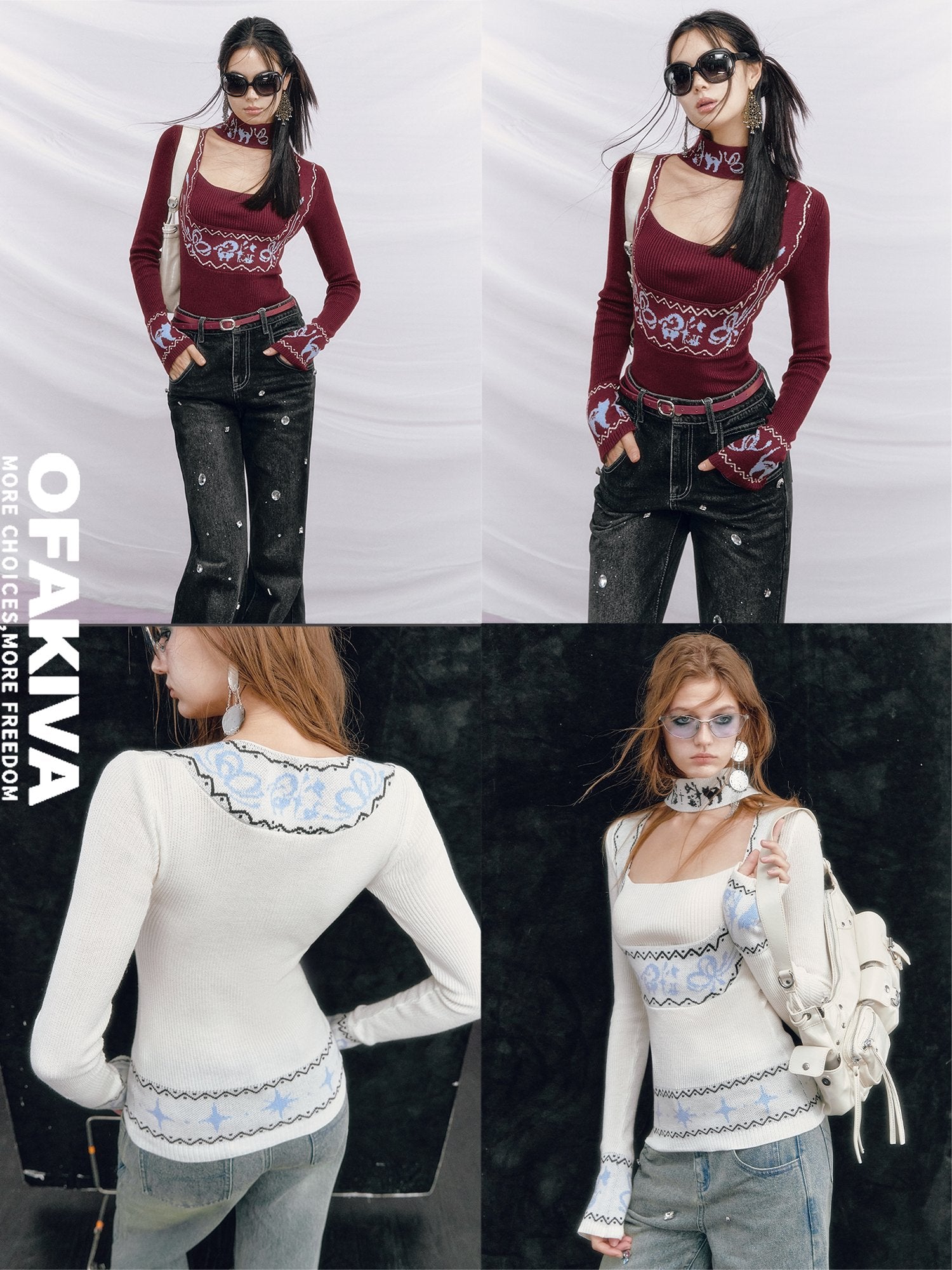 OfAkiva Sexy Square Neck Slim Contrast Bow Longsleeve Women Wine Red Knitwear