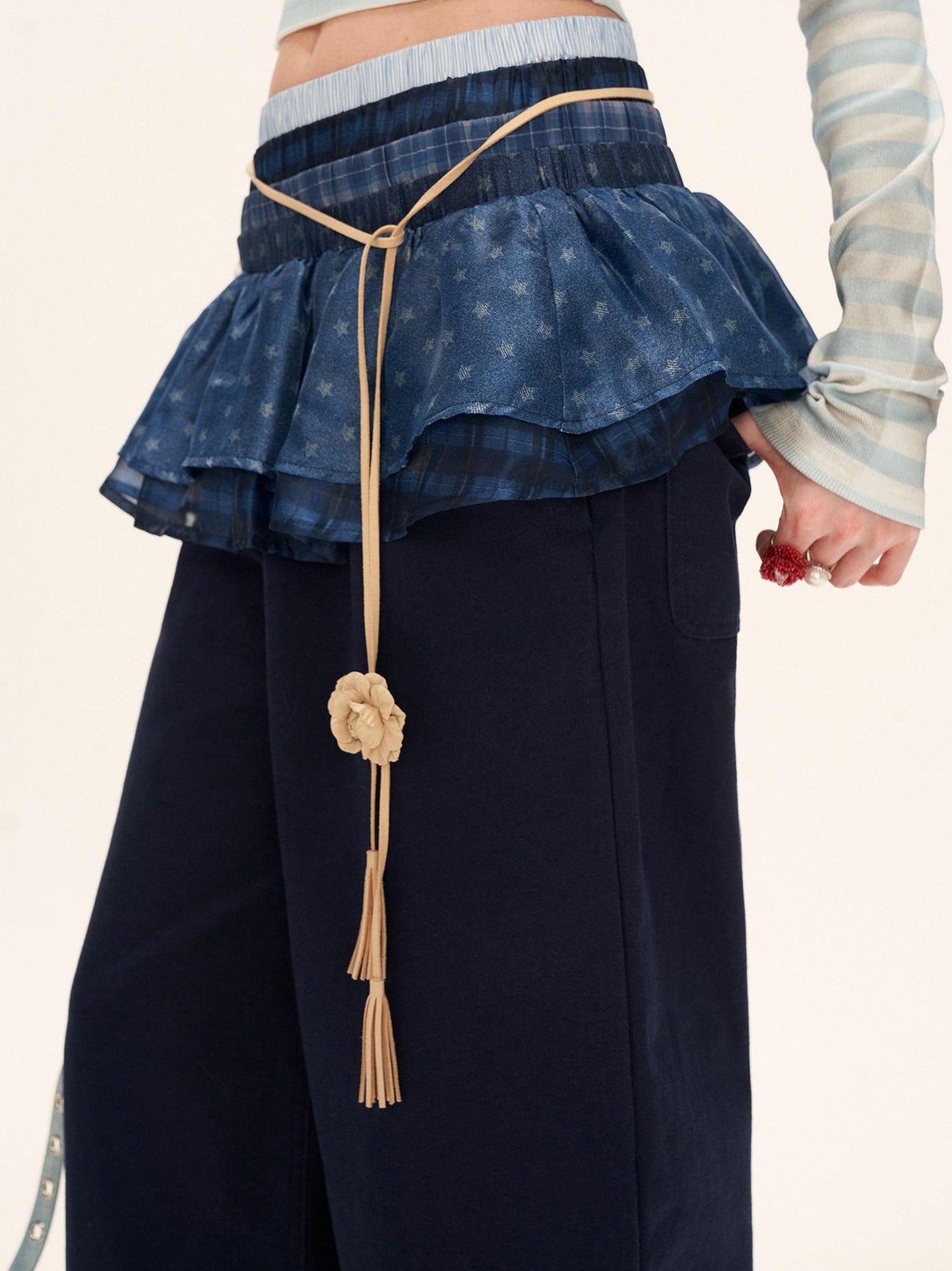 MAMC 100% Cotton Patchwork Relaxed Natural Waist Casual Womens Blue Wide Leg Pants