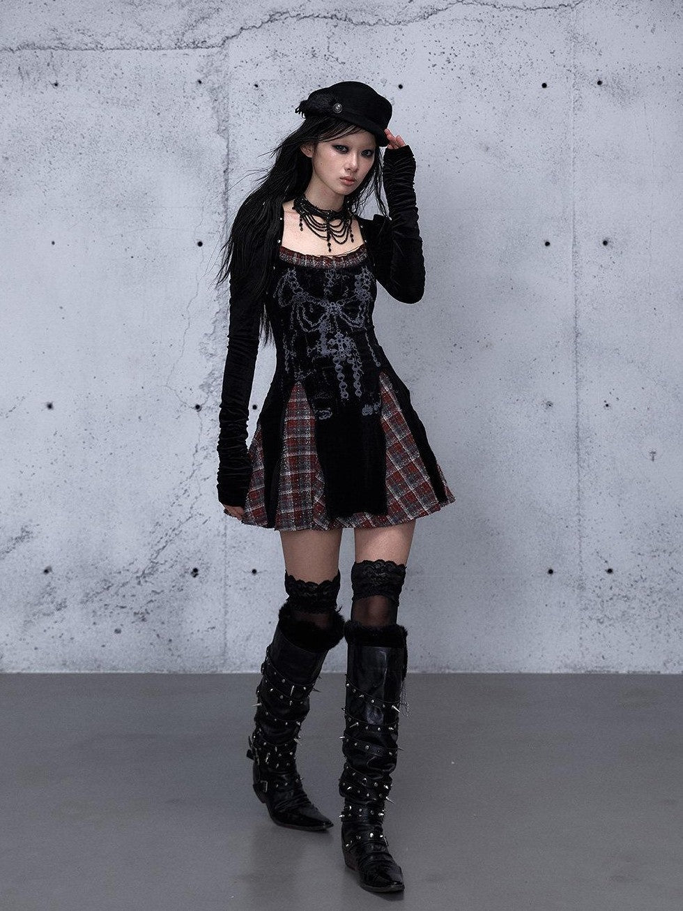NO ROMANCE Baroque Plaid Polka Dot Square Neck Puff Sleeve Women'S Velvet Mini Dresses