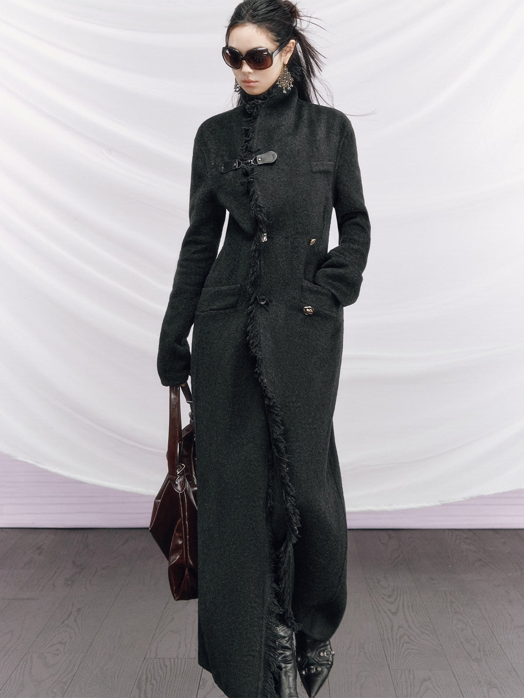 OfAkiva Vintage Slim Wool V-neck Drop Shoulder Single Breasted Women Long Coats