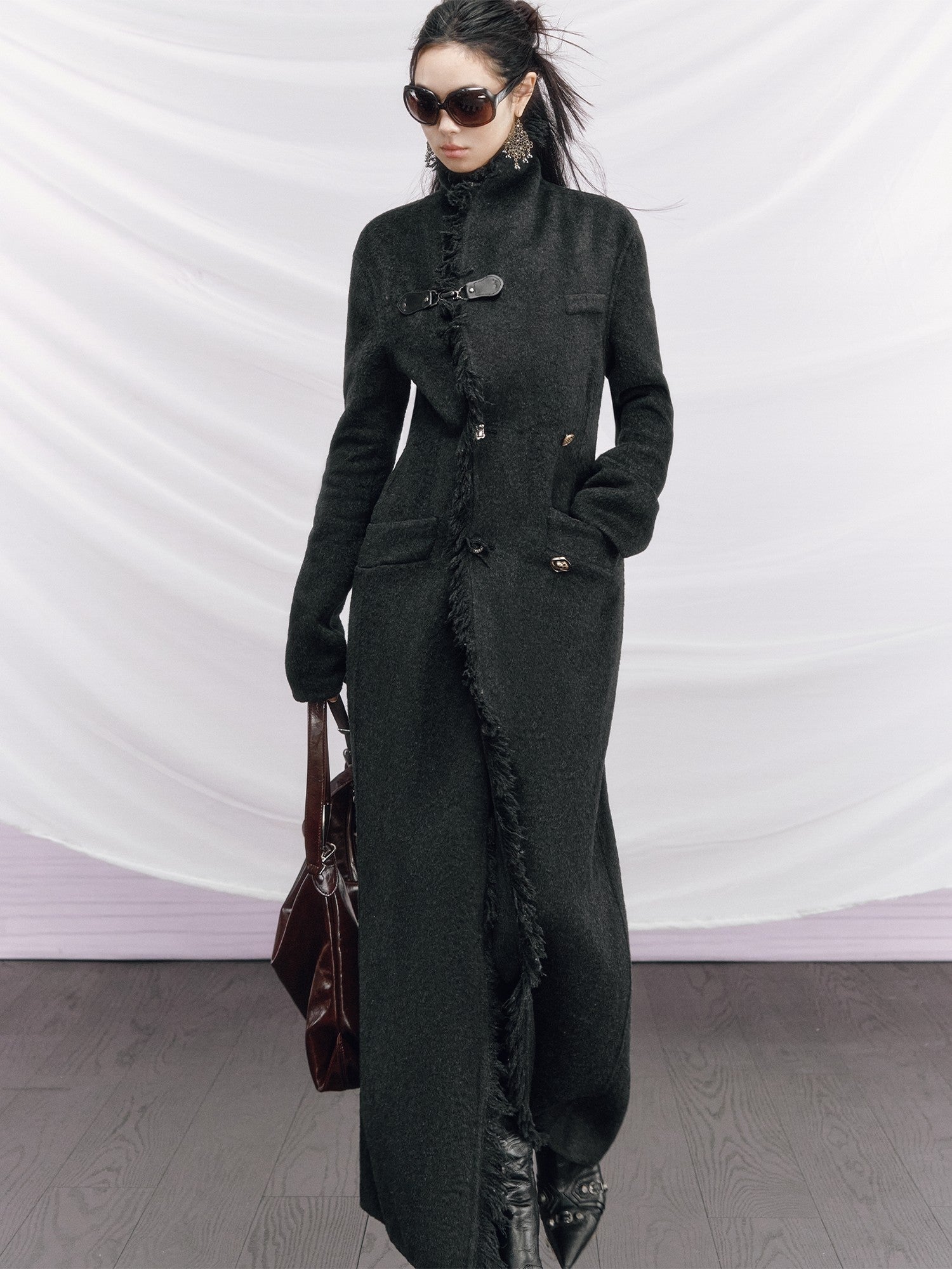 OfAkiva Vintage Slim Wool V-neck Drop Shoulder Single Breasted Women Long Coats