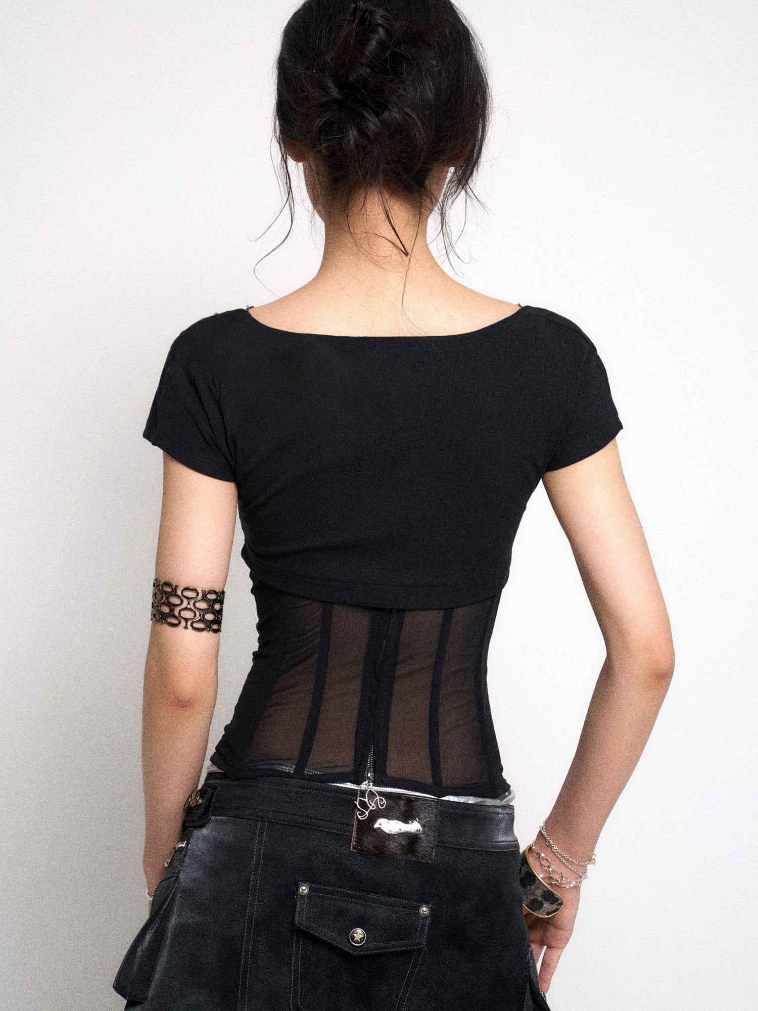 Flowers birds Market Cutout Gothic Slim Fit Solid Black Women Cotton Stretch Short Sleeve T-Shirts