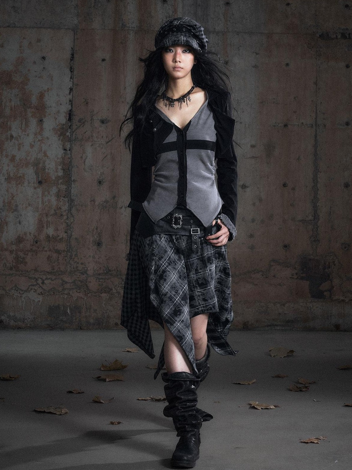 Cest Nous Slim Hooded Patchwork Knit Punk Long Sleeve Open Front Women Black Gray Blouses