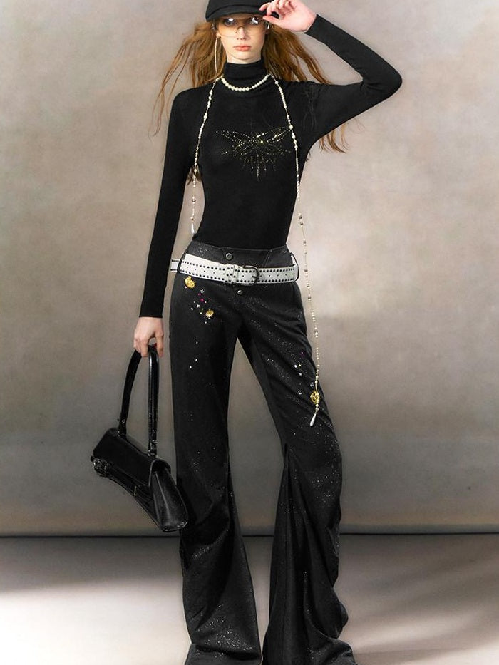 OfAkiva Rhinestone Low Waist Vintage Striped Slim Women Button Fly Flared Pants