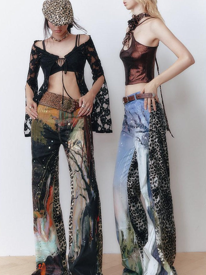 OfAkiva High Waist Leopard Patchwork Commuter Womens Straight Cut Flared Pants