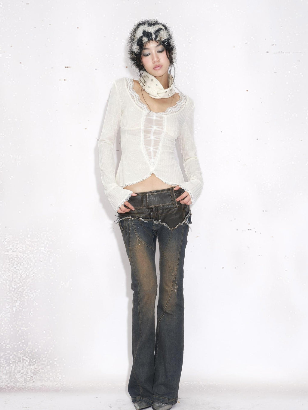 OPEN AESTHETIC Soft Cotton Lace Patchwork Sweet Slim Fit Cropped Long Sleeve T-Shirts