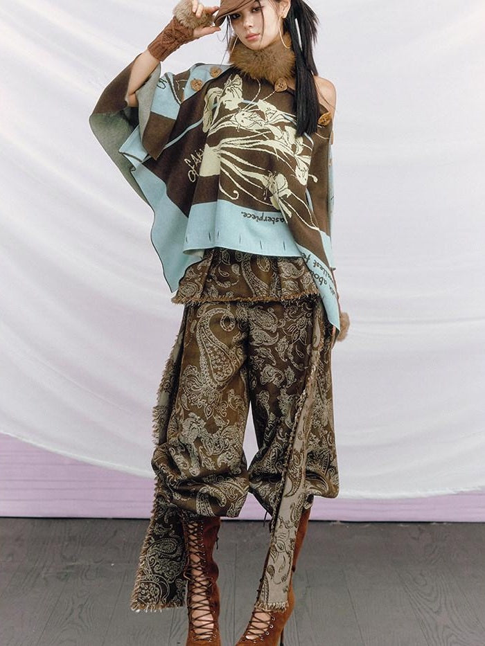 OfAkiva Pleated High Waist Zipper Fly Floral Print Women No Stretch Gray Wide Leg Pants