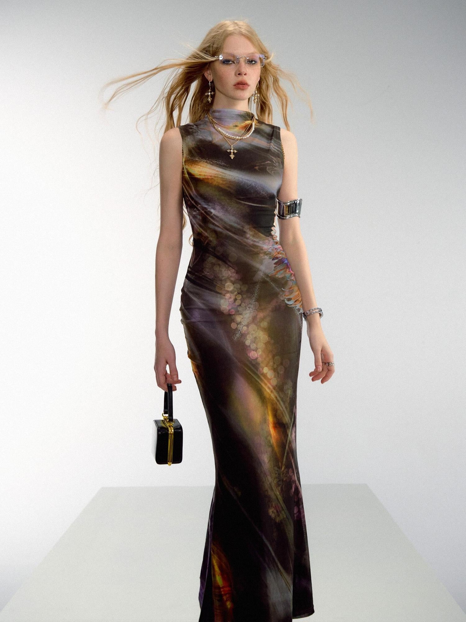 OfAkiva High Waist Mesh Poppy Print Chinese Inspired A Line Womens Maxi Dresses