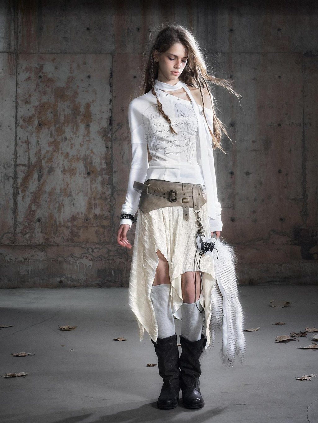 Cest Nous Pu Patchwork Punk Asymmetric Low Waist Youth Daily Wear Cotton Blend Midiskirts