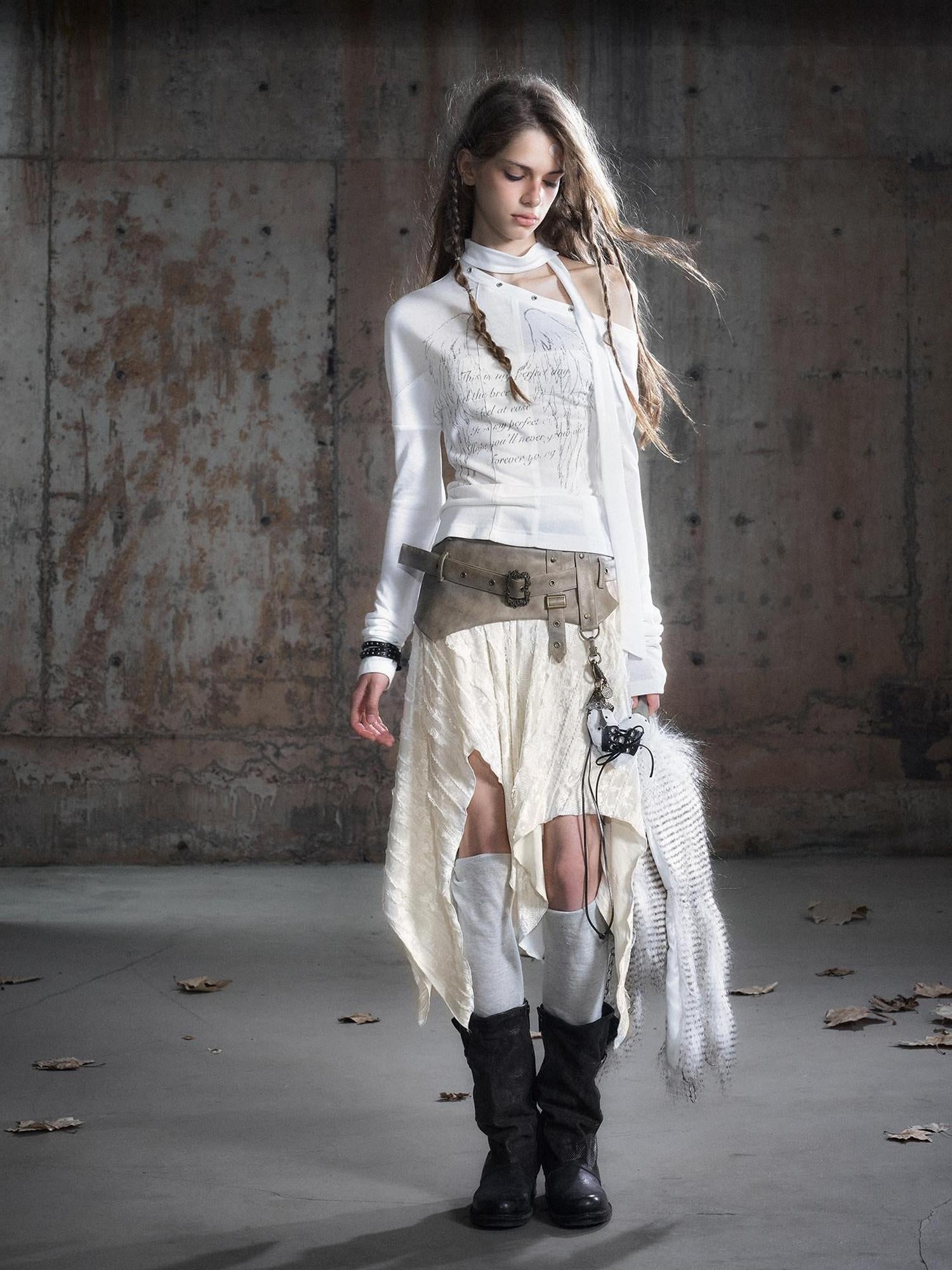 Cest Nous Pu Patchwork Punk Asymmetric Low Waist Youth Daily Wear Cotton Blend Midiskirts