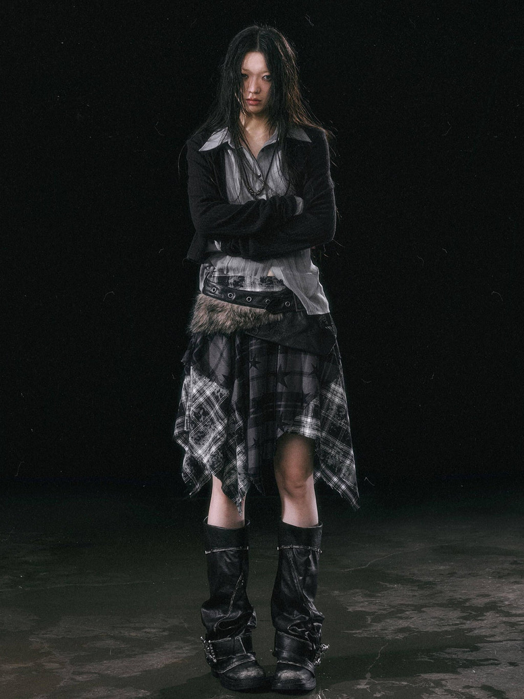 Cest Nous Patchwork Asymmetrical Punk Plaid A Line Mid Waist Women Cotton Midiskirts