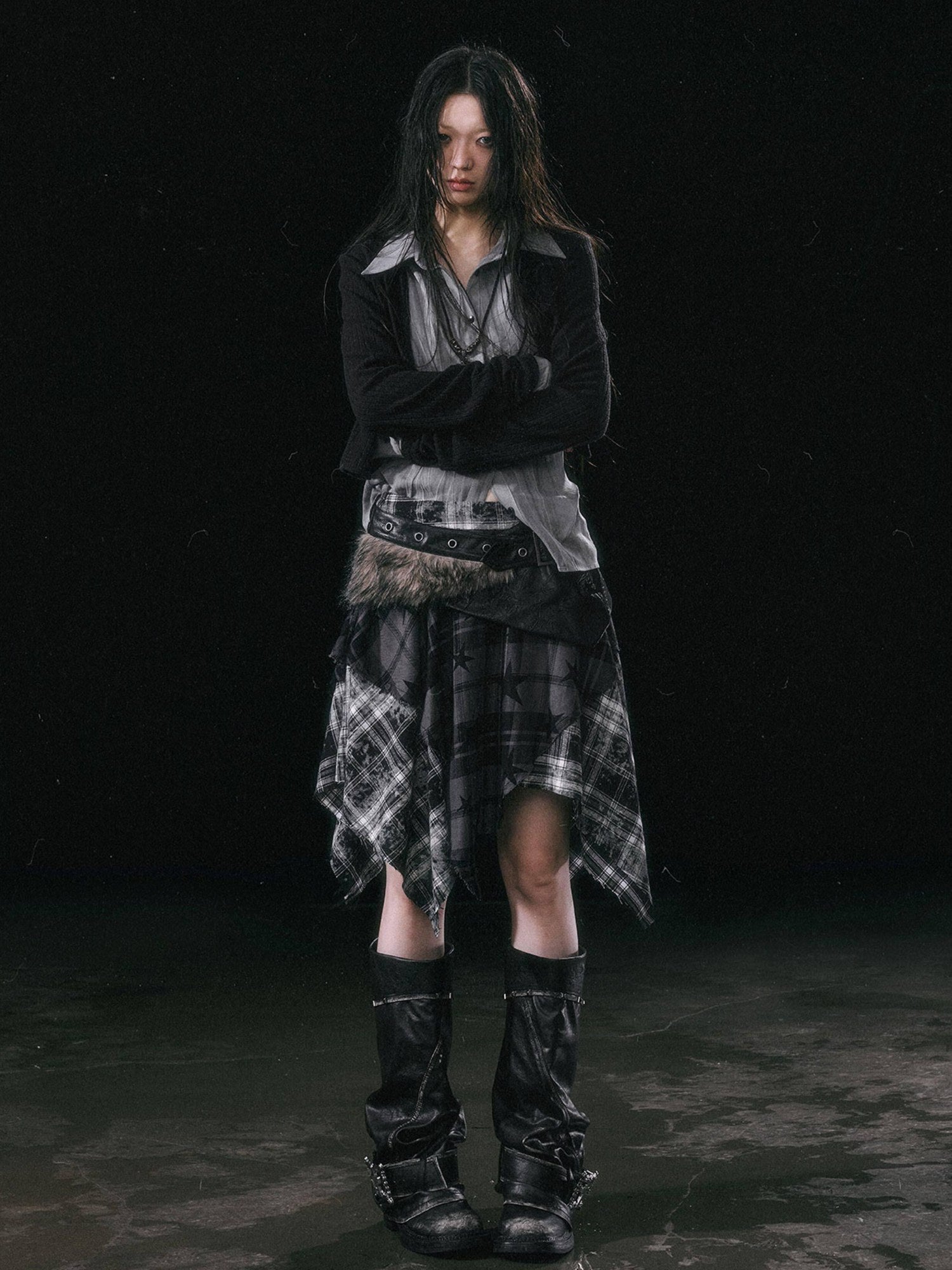 Cest Nous Patchwork Asymmetrical Punk Plaid A Line Mid Waist Women Cotton Midiskirts