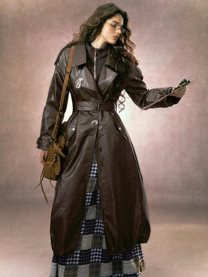 OfAkiva Thick Faux Leather Slim Fit Blazer Collar Pocket Midlength Women Long Coats