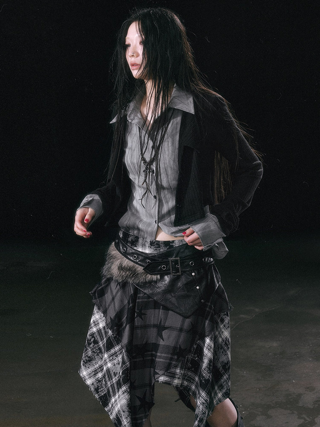Cest Nous Patchwork Asymmetrical Punk Plaid A Line Mid Waist Women Cotton Midiskirts