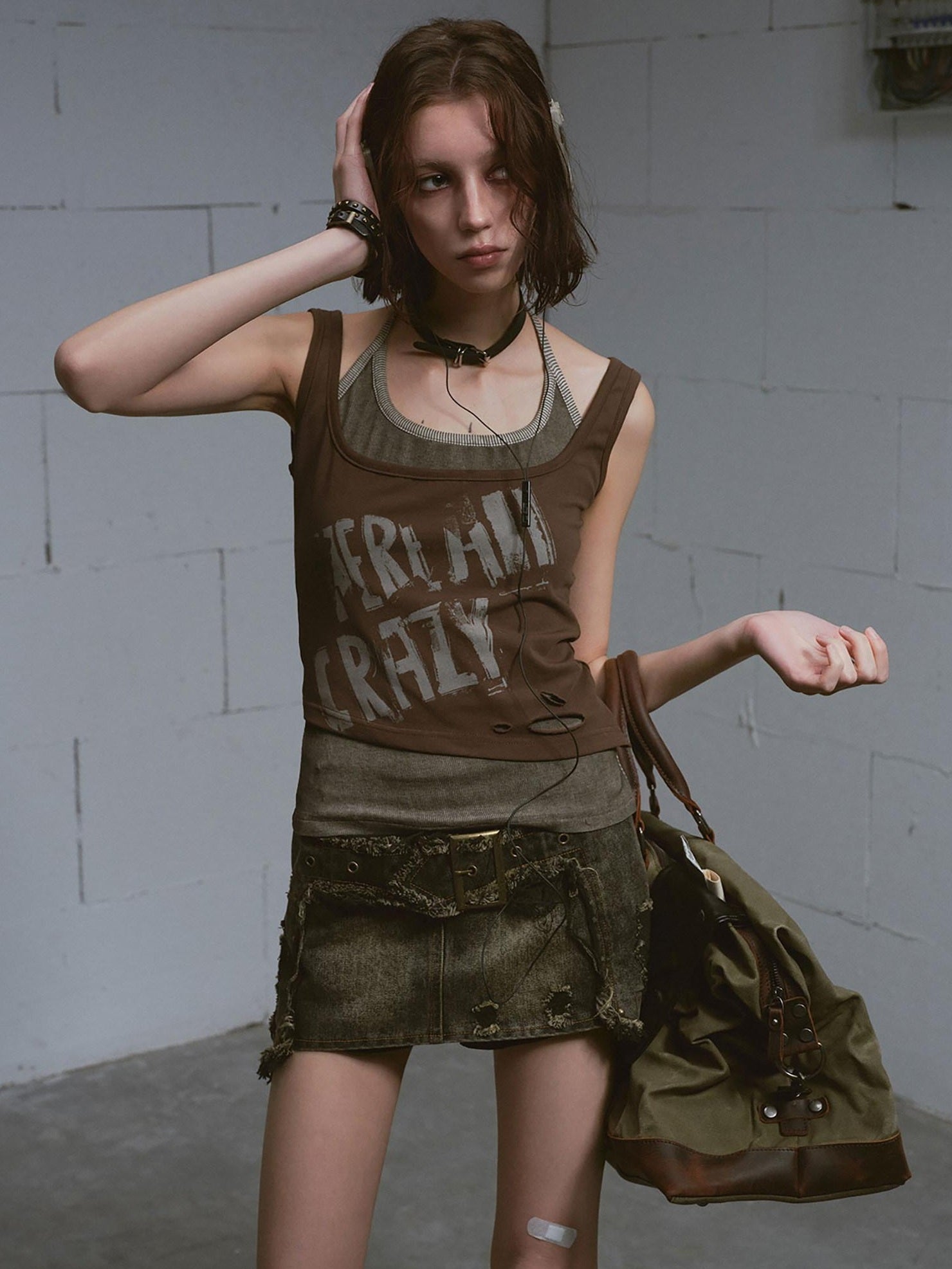 Cest Nous Distressed Print Punk Slim Halter Female Cotton Blend Brown Gray Tanktops