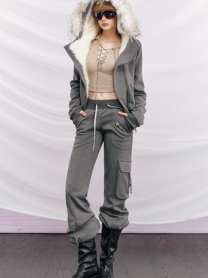 OfAkiva Thick Knit Slim Hooded Zip Jacket Multi Pocket For Women Top & Pants Sets