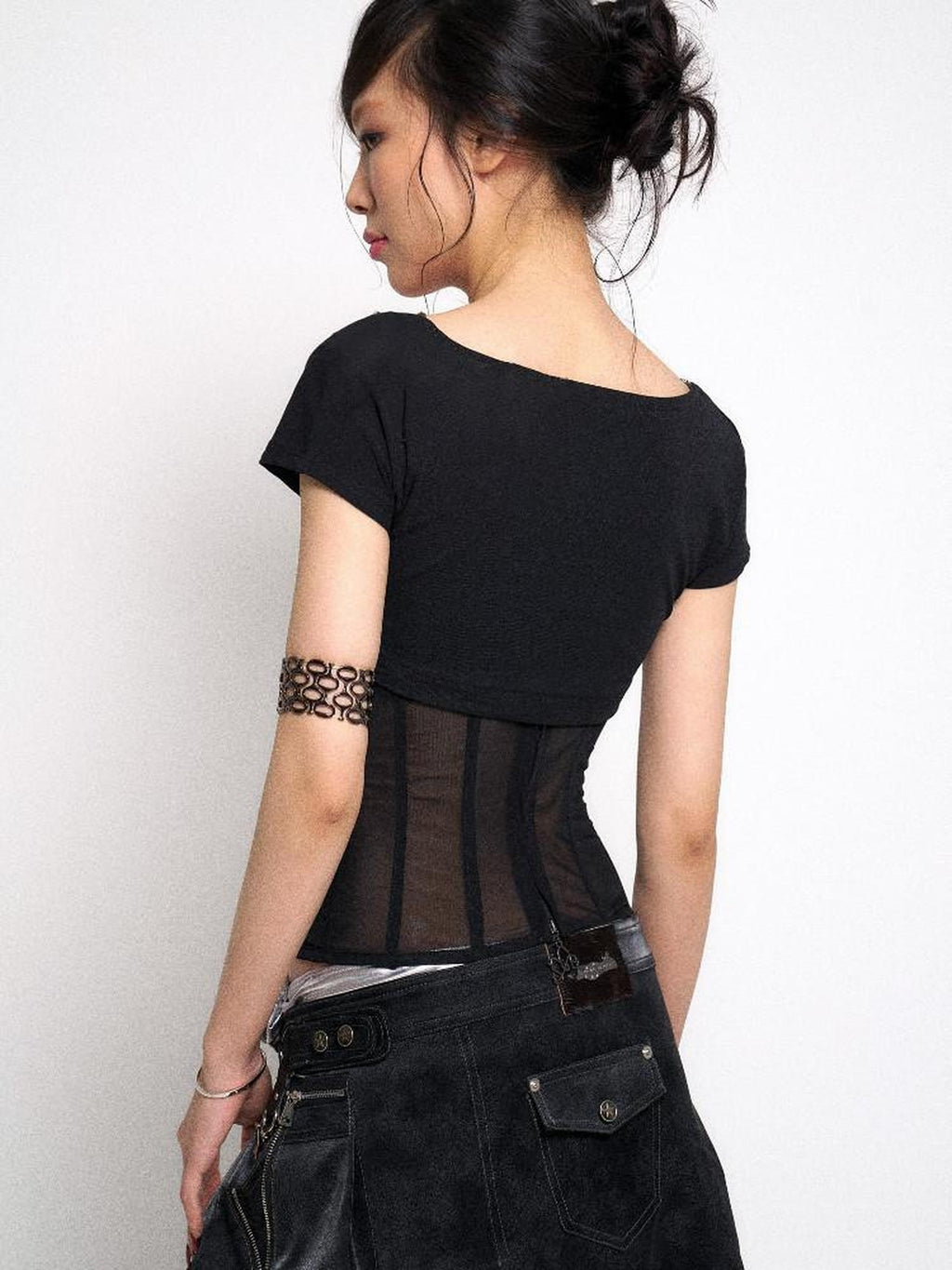 Flowers birds Market Cutout Gothic Slim Fit Solid Black Women Cotton Stretch Short Sleeve T-Shirts