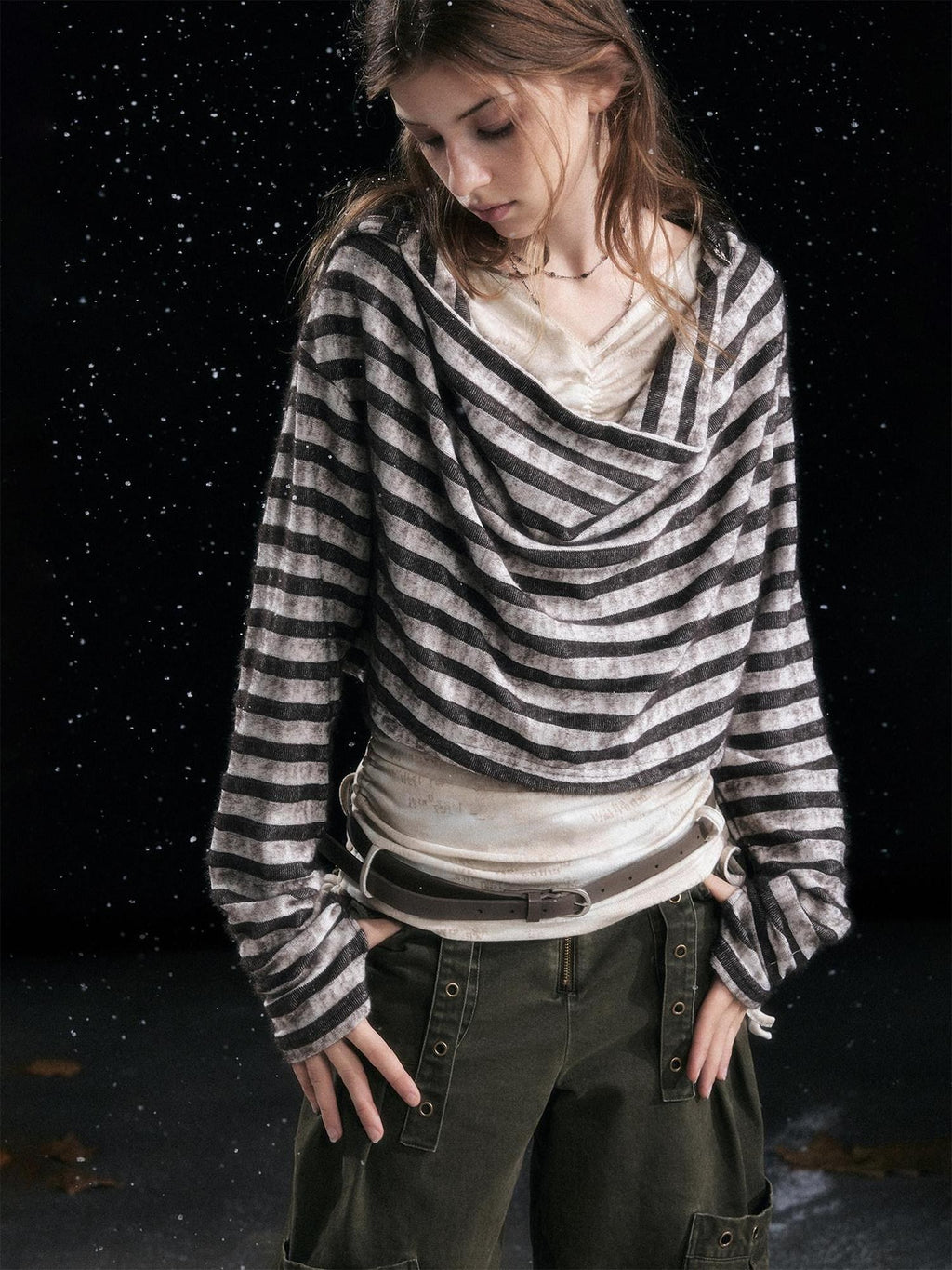 Cest Nous Distressed Relaxed Fit Hooded Striped Pullover Casual Women Viscose Knitwear