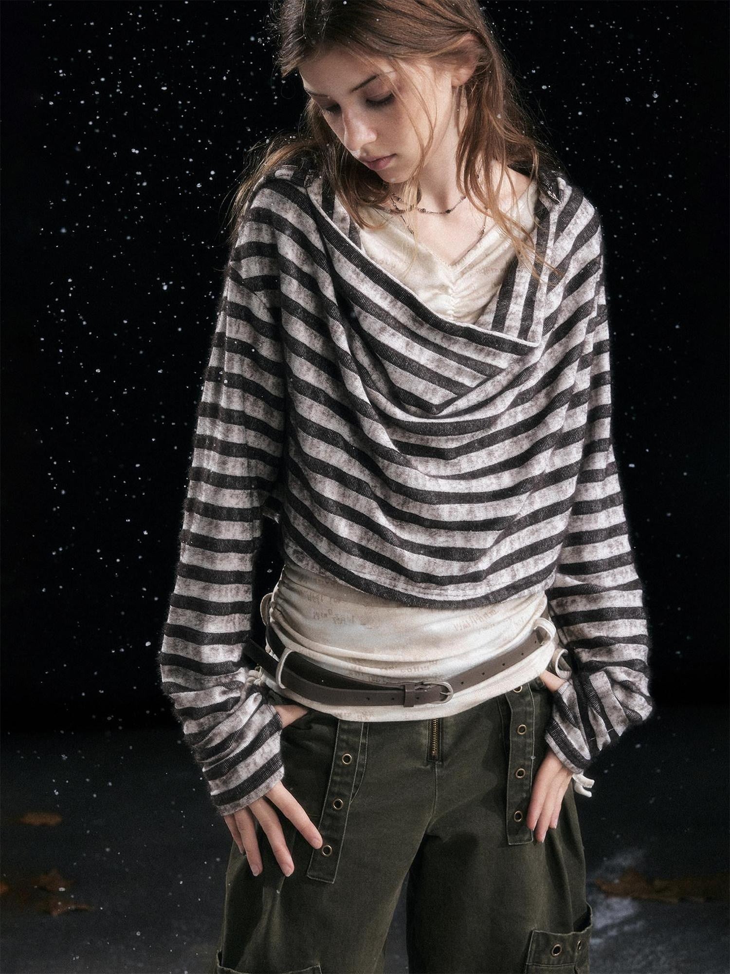 Cest Nous Distressed Relaxed Fit Hooded Striped Pullover Casual Women Viscose Knitwear