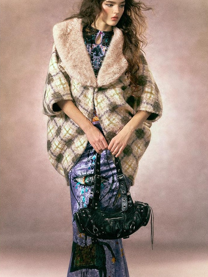 OfAkiva Cozy Thick Vintage Cape Silhouette V-neck Mid Length Plaid Women Jackets