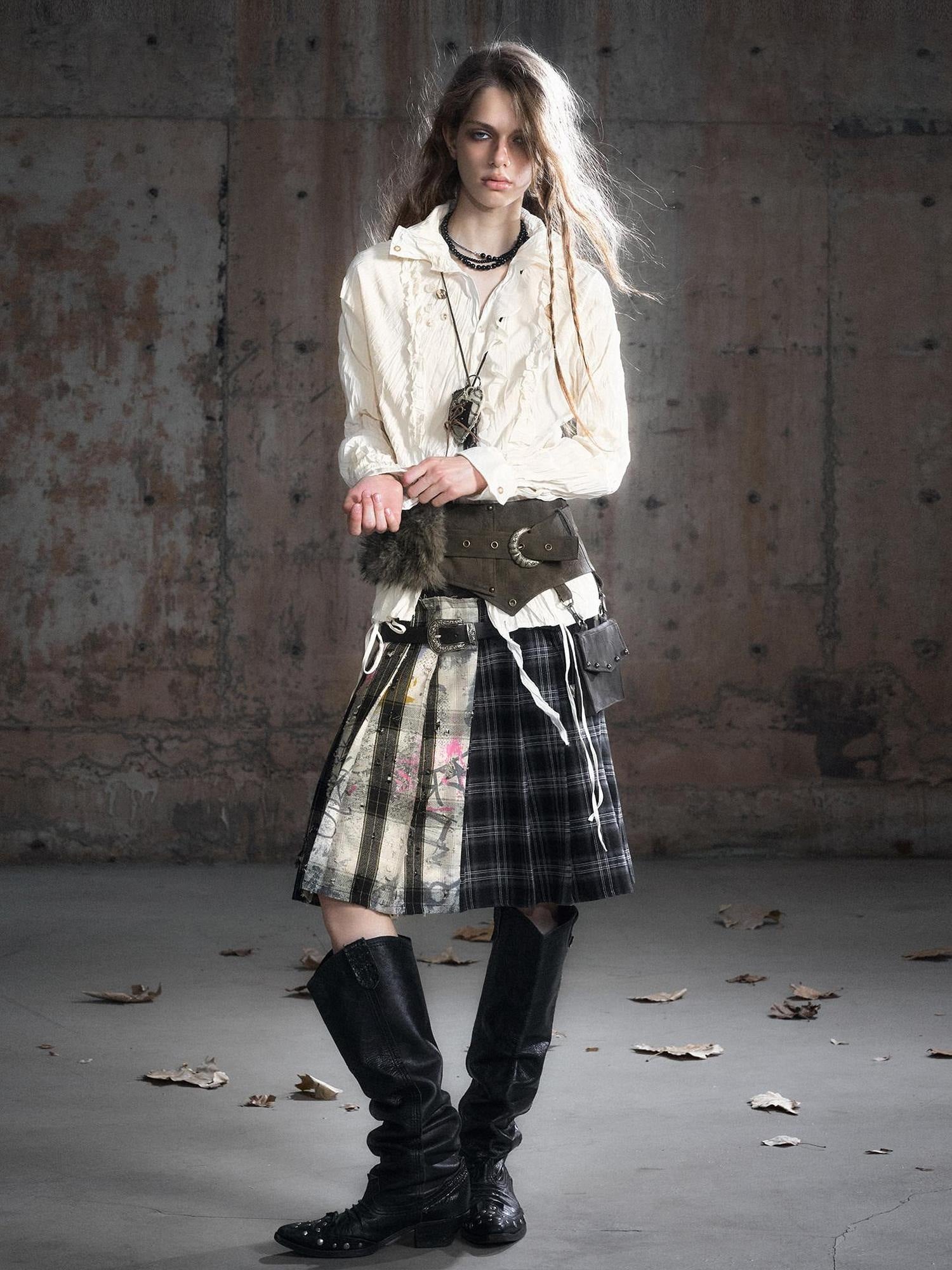Cest Nous Punk Ruffle Check Straight Cardigan Long Sleeve Womens Casual Polyester Blouses