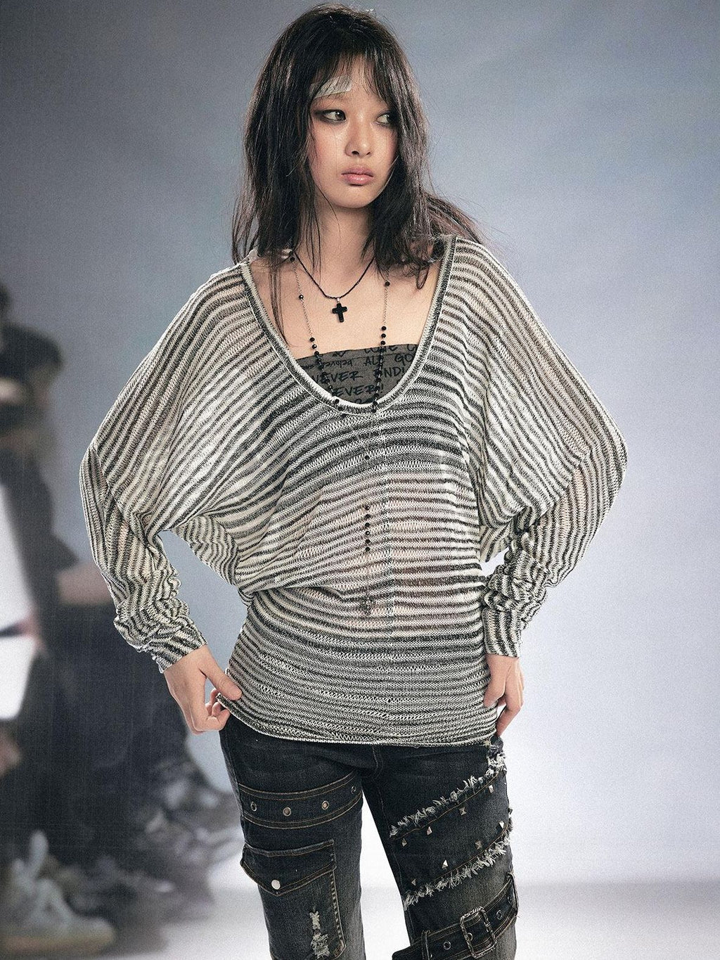 Cest Nous Oversized Punk Letter Print Batwing Hooded Pullover Women Polyester Hoodie