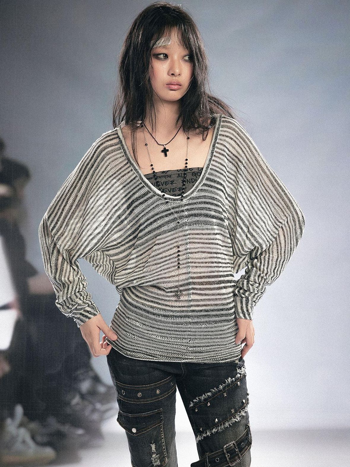 Cest Nous Oversized Punk Letter Print Batwing Hooded Pullover Women Polyester Hoodie