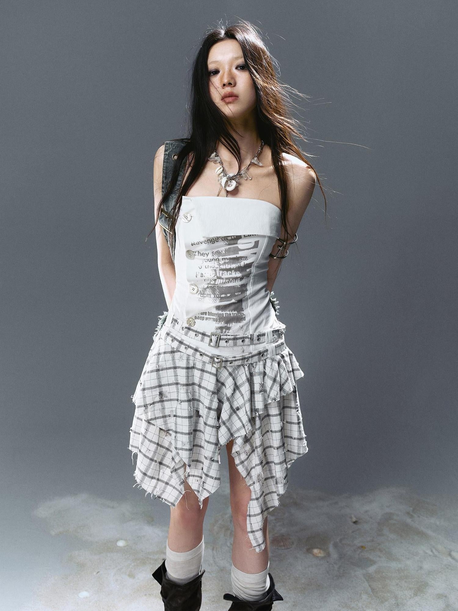 Cest Nous Strapless Asymmetric Print Cinched Waist A Line Cotton Street Style Minidresses