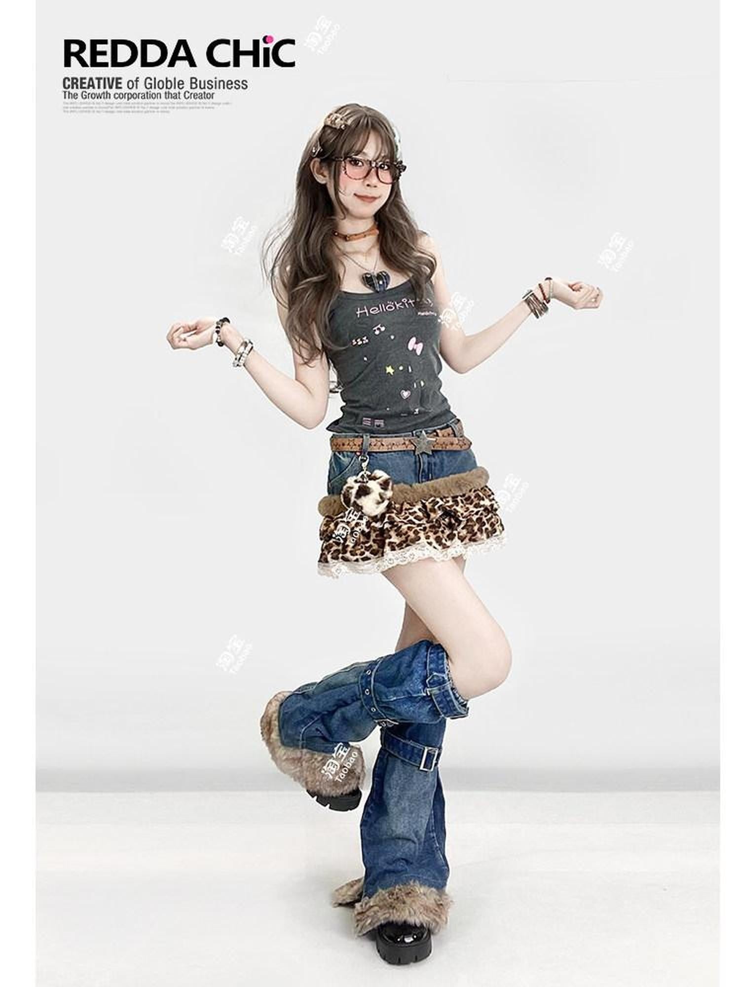 REDDACHIC Leopard Print Patchwork Tiered Cake Women'S Lace Denim Mini Skirts